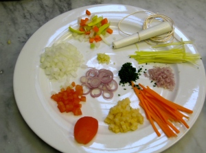 (clockwise l to r) diced onion, mirepoix, bouquet garni, julienne leek, chopped shallot, julienne carrot, potato brunoise, tomato 'petal,' concasse, sliced shallot, chopped parsley, minced garlic.
